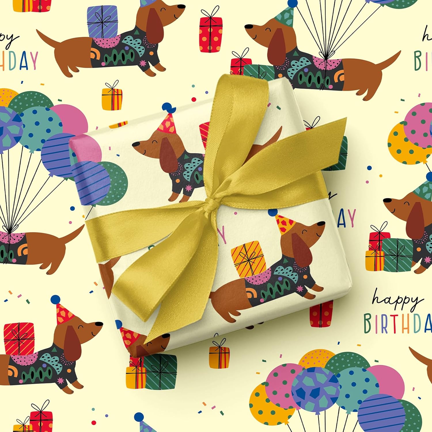 Puppy Dog Wrapping Paper - Mini Roll - 17 Inch X 9.8 Feet - Yellow Birthday Wrapping Paper Perfect For Kids Boys Grils, Baby Shower