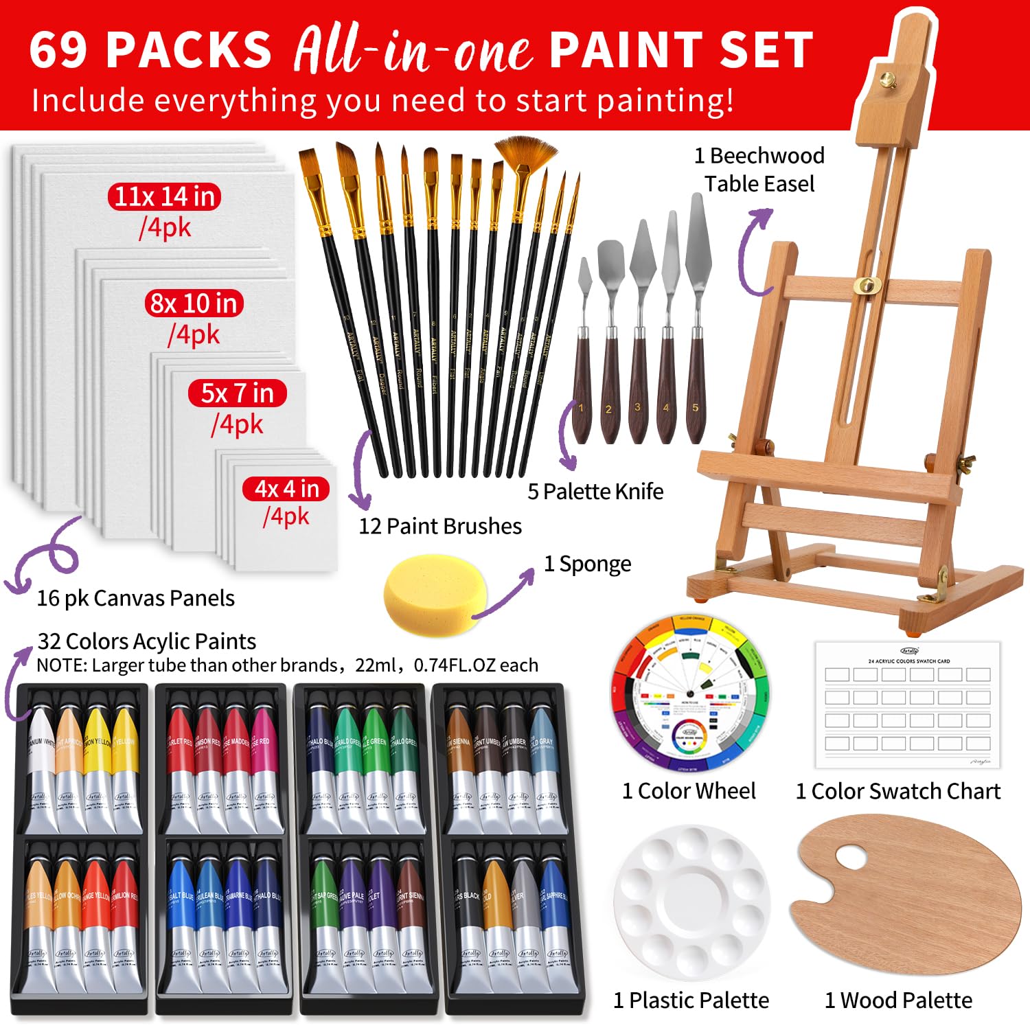 Acrylic Paint Set For Adults & Kids, 69 Pcs Canvas Painting Kits, 32 Colors Acrylic Paint (22Ml),Table Easel,Brushes,Canvas, Art Painting Supplies Kit For Students,Artists,Beginners