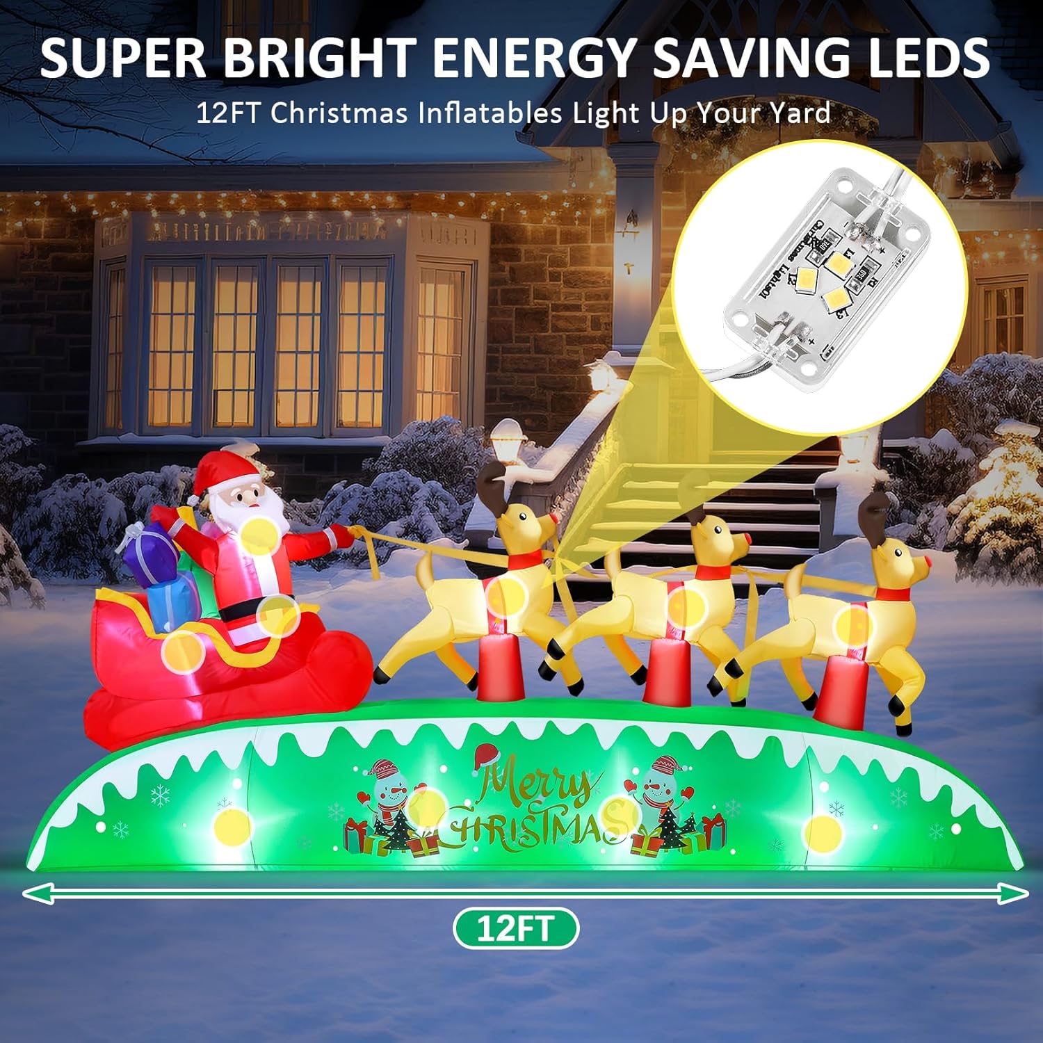 12Ft Long Christmas Inflatables Outdoor Decorations, Santa Sleigh And Reindeer Blow Up Yard Decorations With Built-In Su