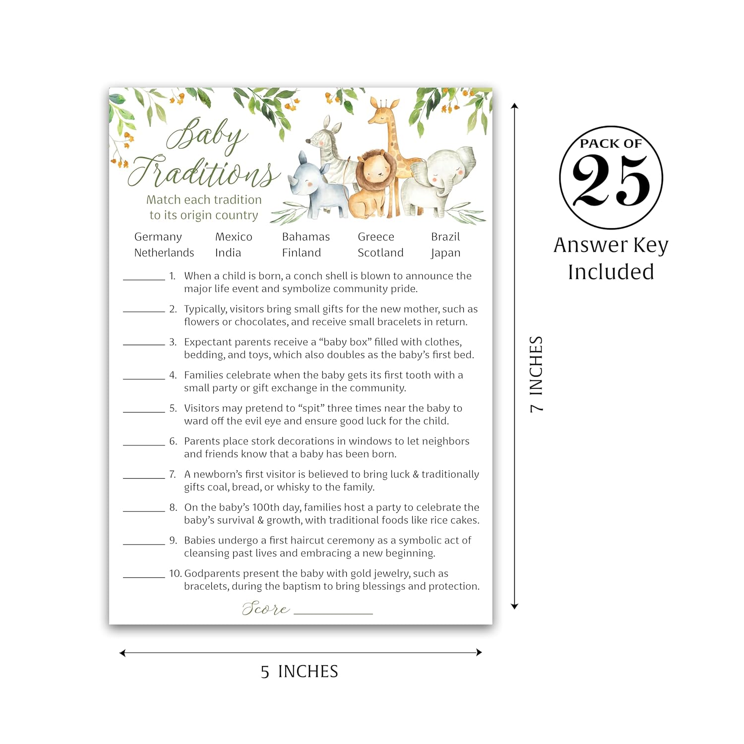 Safari Animals Baby Shower Games — Baby Traditions Around The World Game — Pack Of 25, Country Jungle Theme Shower Games, Welcome To The Wild Gender Neutral, Fun Facts Baby Shower Activity G550-Btw