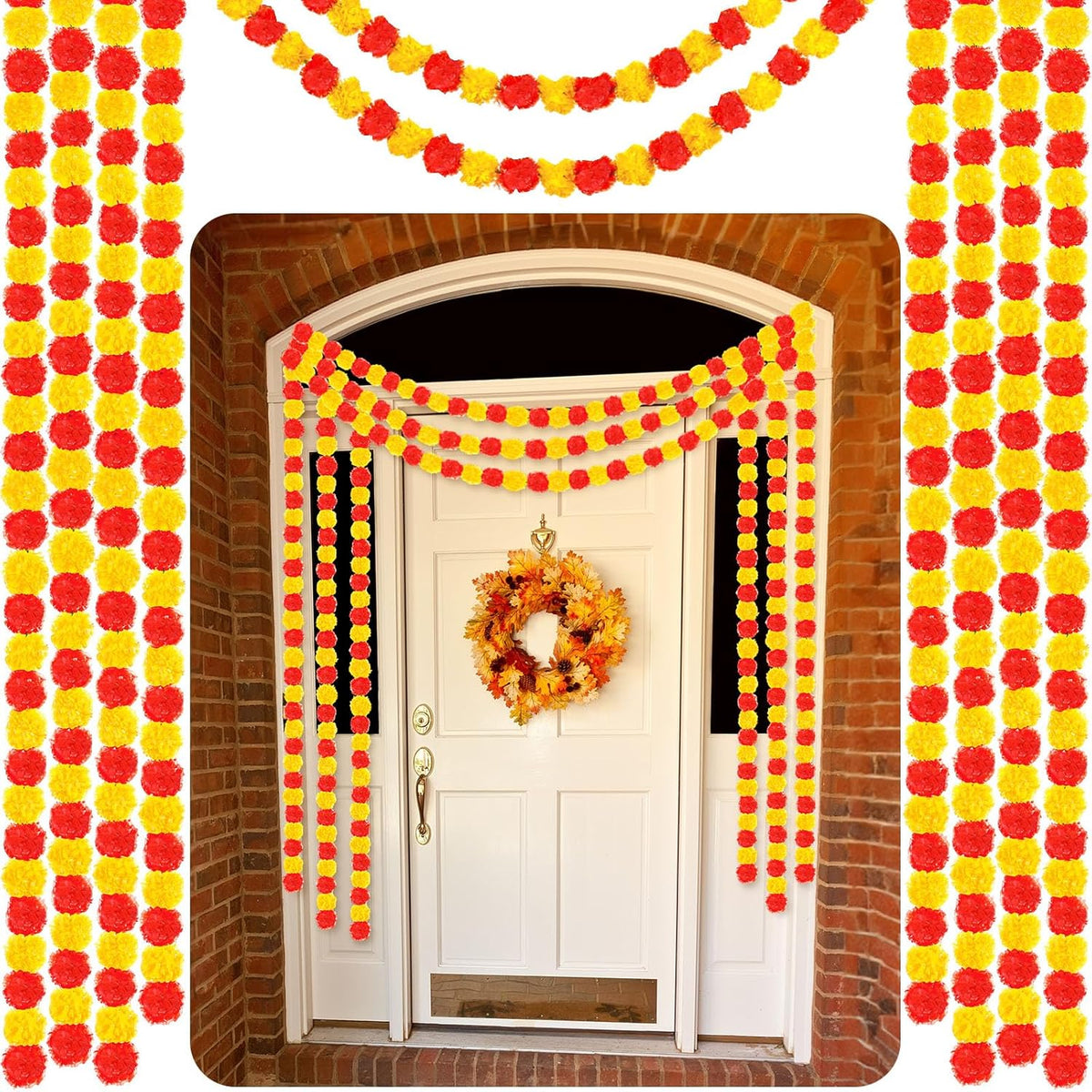 10 Pcs 5 Ft Marigold Garland Diwali Marigold Garlands Decoration Indian Flowers For Decoration Artificial Flowers For Day Of The Dead Altar Wedding Party,Red And Yellow