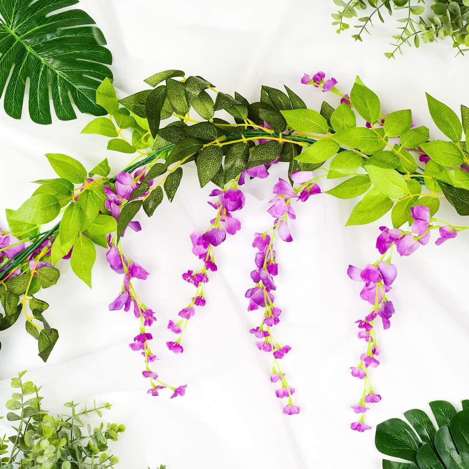 4Pcs 6.6Ft/Piece Purplish Red Artificial Flowers Silk Wisteria Garland Artificial Wisteria Vine Rattan Silk Hanging Flower For Home Garden Outdoor Ceremony Wedding Arch Floral Decor