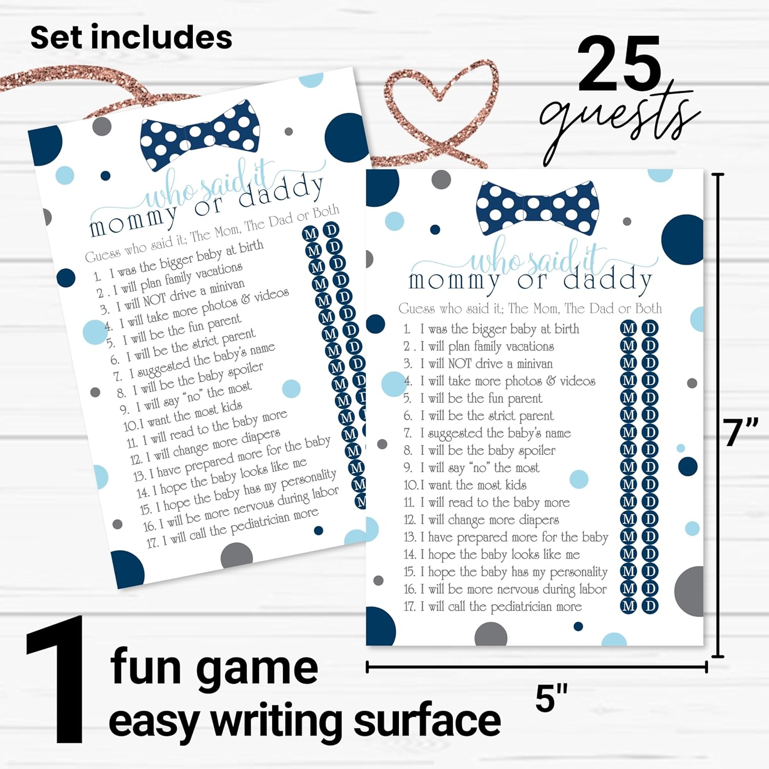 Blue Baby Shower Games For Boys - 25 Guess Who Mommy Or Daddy Game Cards - Fun Prize Guessing Activities For Guests - Navy And Grey Little Man Bowtie Theme