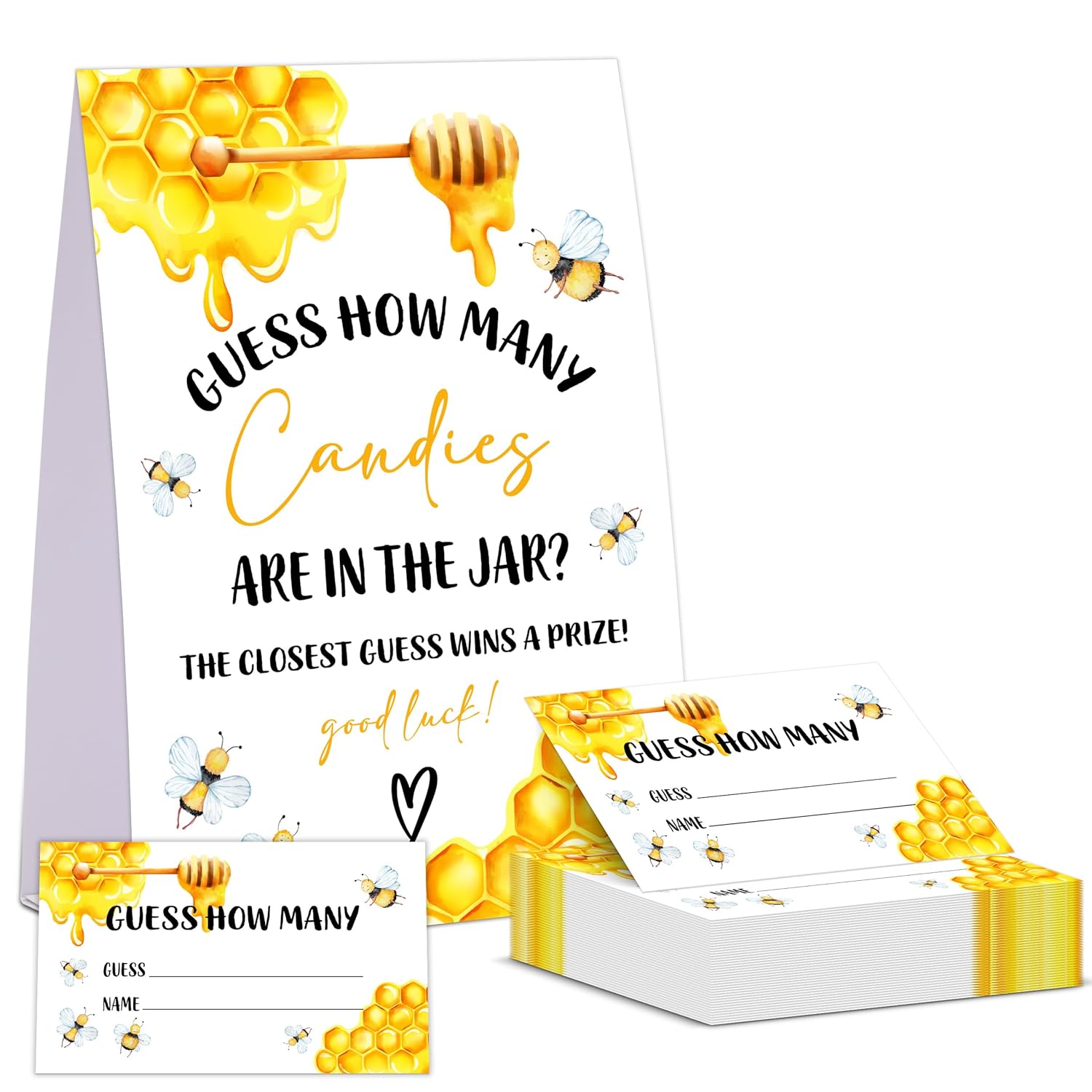 Honey Bee Baby Shower Game, Guess How Many Candies Are In The Jar, Pack Of 1 Sign And 50 Guessing Cards, Baby Shower Decoration, Gender Neutral - 08