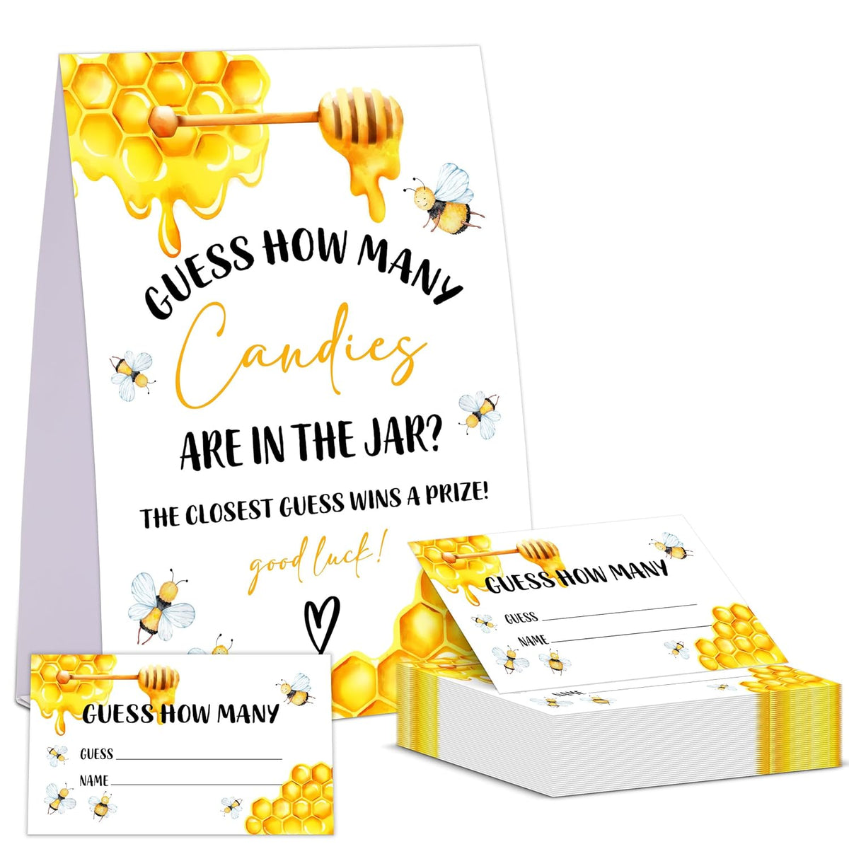 Honey Bee Baby Shower Game, Guess How Many Candies Are In The Jar, Pack Of 1 Sign And 50 Guessing Cards, Baby Shower Decoration, Gender Neutral - 08