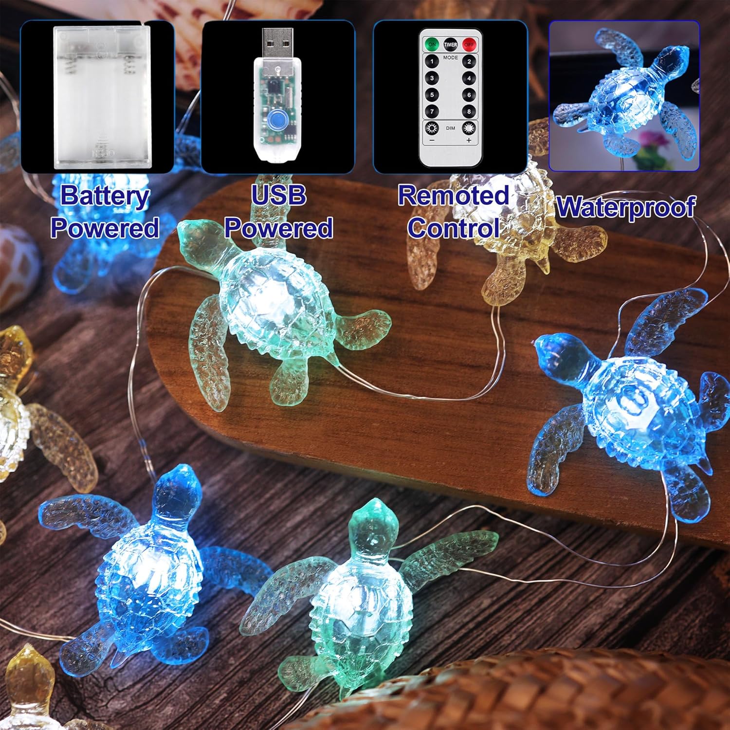 Turtle Decor String Lights, Beach Theme Decorations Lights For Christmas Decorations, Remote 10 Ft 30 Leds With Battery