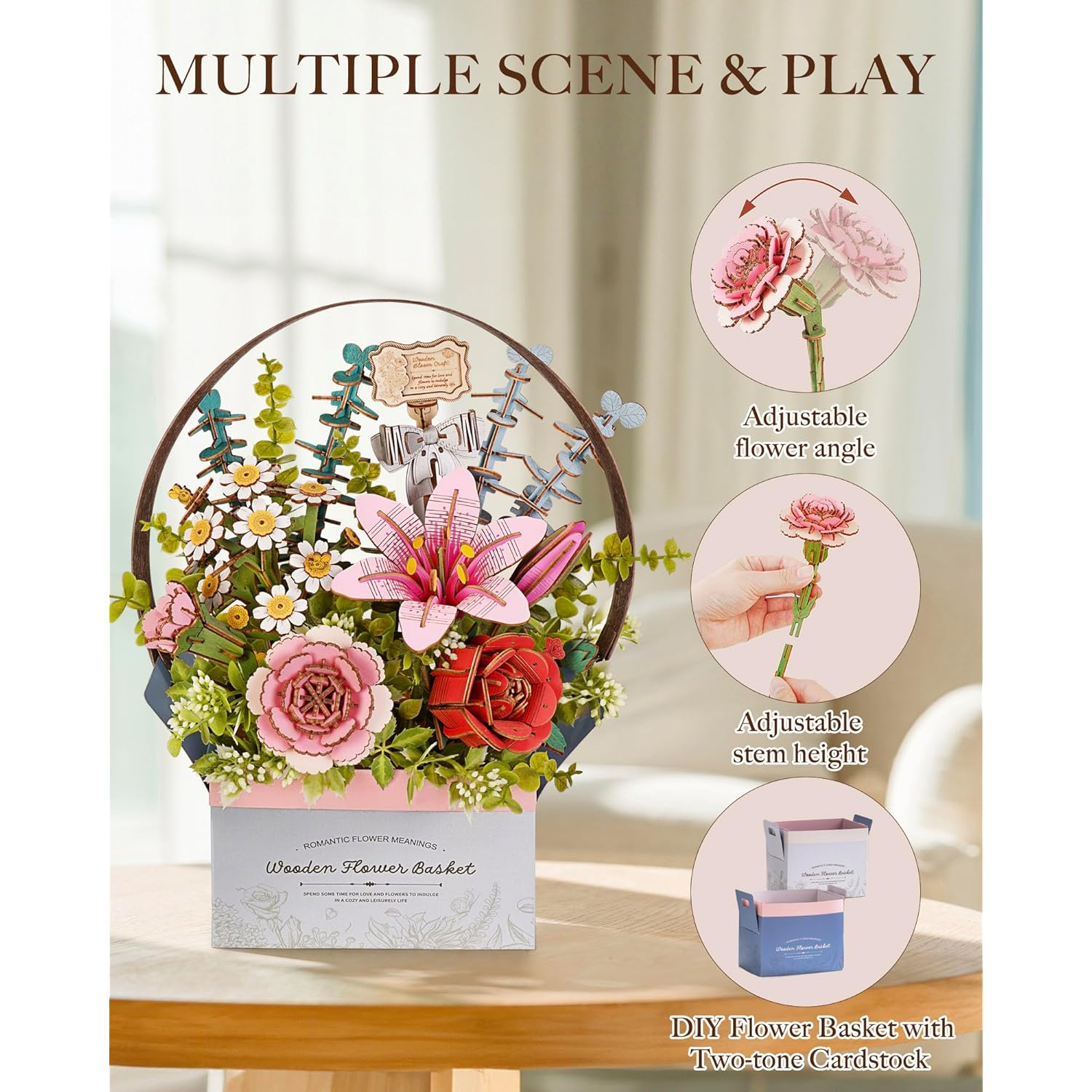 Wooden Flower Basket, Artifical Flowers Bouquet Building Set Craft Kits For Asults,Diy 3D Wooden Puzzle Botanical Collection,Unique Gift On Wedding/Mother'S Day/Valentines Day/Birthday
