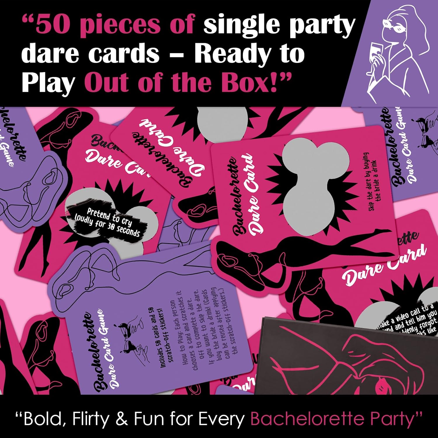 Bachelorette Party Games For Adults - 50 Scratch Off Cards With Reusable Stickers, Fun & Daring Bachelorette Games For Bride Tribe, Girls Night Games, Bridal Shower & Party Favors