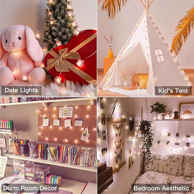 12.8FT Cherry Blossom Fairy Lights 40 LED Pink Flower String Lights Battery Operated with Remote for Bedroom Party Christmas Holiday Decor
