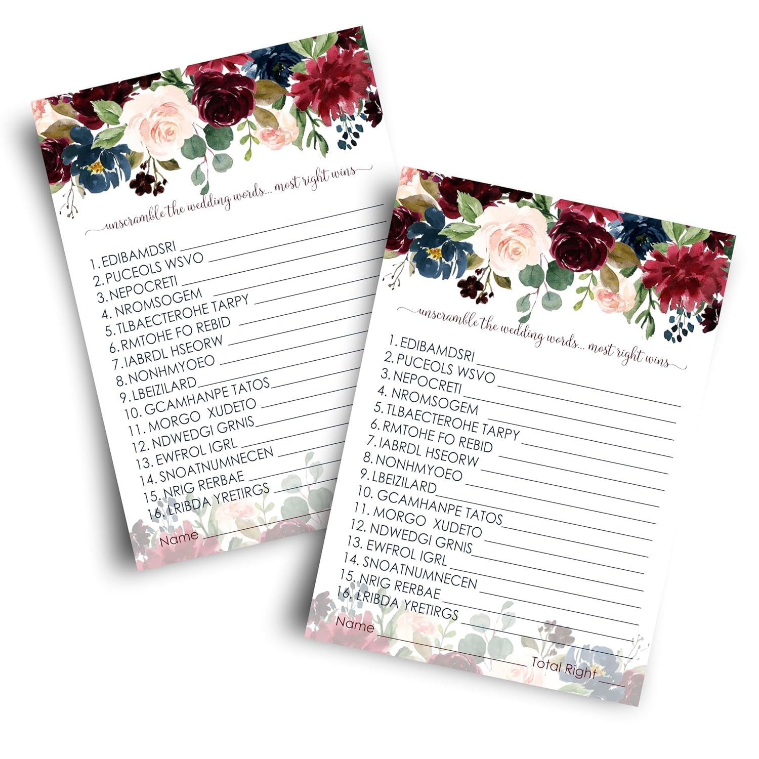 Blue Floral Bridal Shower Games - 25 Cards - Wedding Word Scramble Game - Fun Guessing Activity For Guests - Engagement Parties & Rehearsal Dinners - Burgundy And Gold Greenery Design