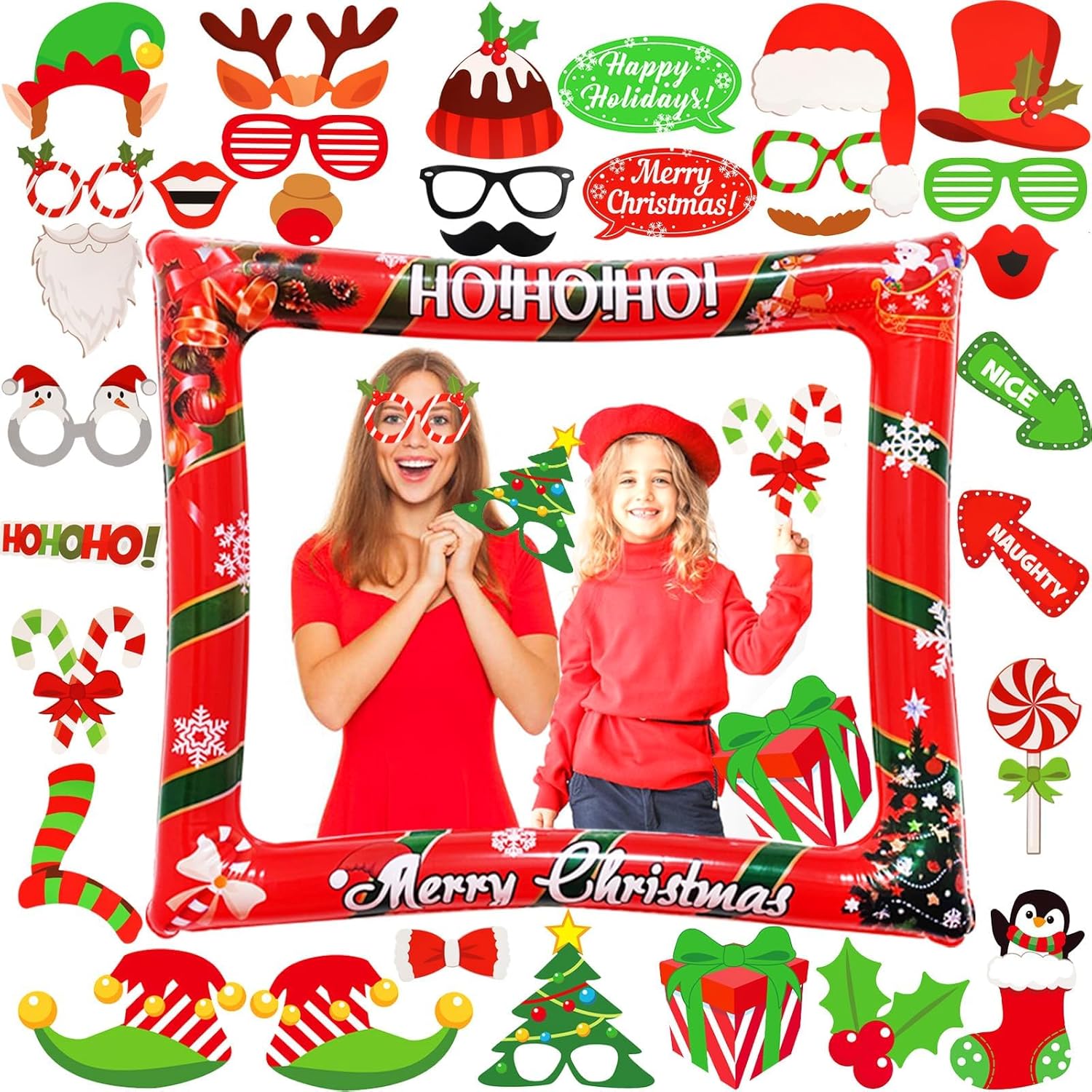 Christmas Party Photo Booth Props Frame, Red Christmas Inflatable Selfie Photo Frame, With 32 Pcs Funny Christmas Photo Booth Props, For New Year, Christmas Party Decoration Supplies?Red?