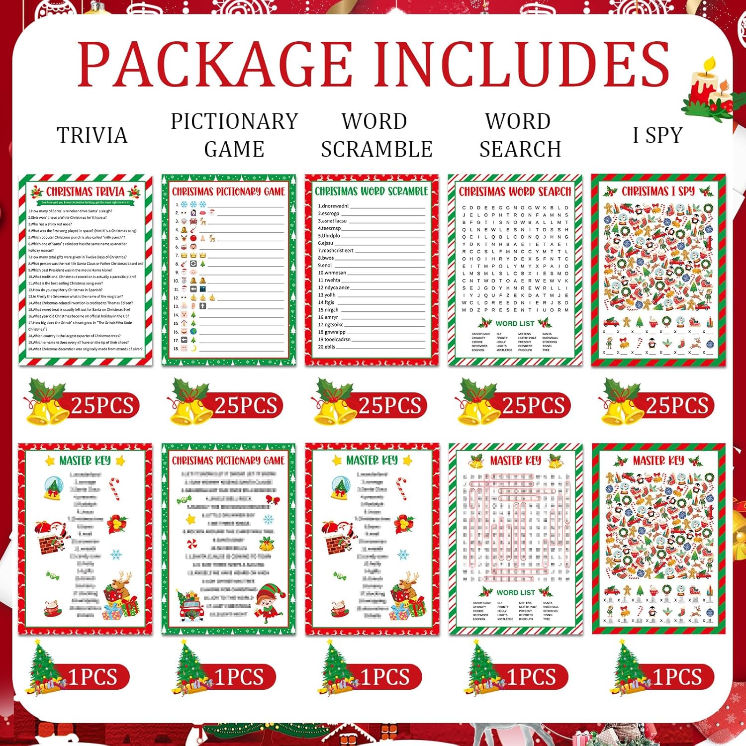 130Pcs Christmas Party Games Cards Set Xmas Trivia Pictionary Word Search Scramble Christmas I Spy Games Fun Holiday Activity For Family Friend Group Winter Xmas Holiday Party Supplies (Classic)