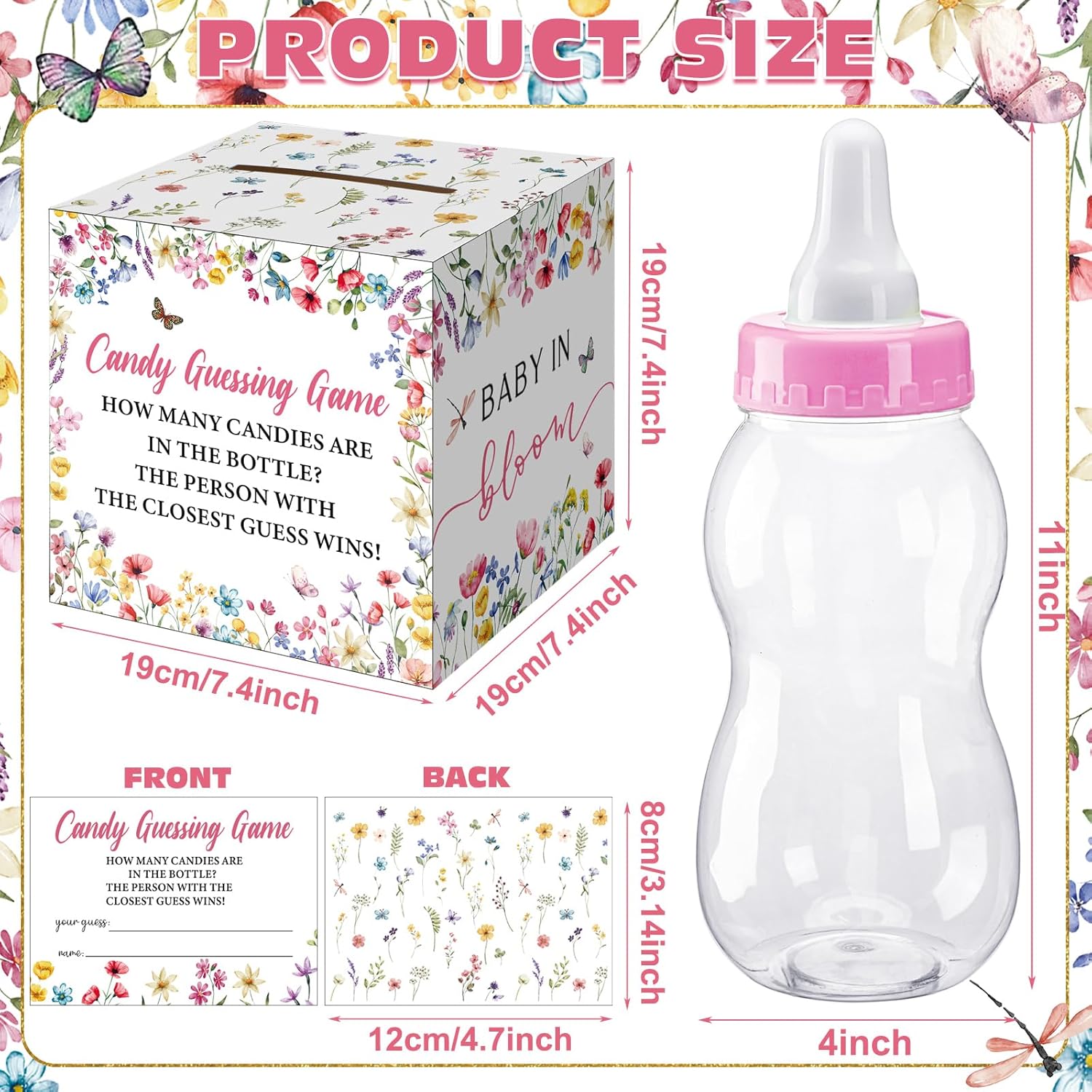 52 Pcs Baby Shower Games Gift Sets Large Baby Bottle For Shower Game Guess How Many Candies Decorations For Gender Reveal(Baby In Bloom)