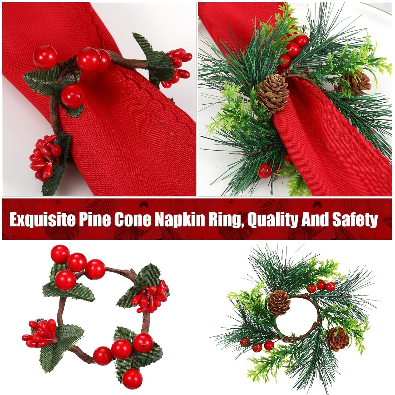 12 Pieces Christmas Napkin Rings Holder Pine Cones Poinsettia Pumpkin Wooden Napkin Rings Decor For Christmas Thanksgiving Birthday Party Supplies (Wreath Style)