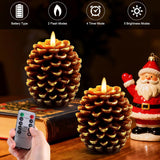 2 Pack Pine Cone Candles With Remote Timer, Christmas Real Wax Led Candle, Battery Operated Flickering Flameless Candles, For Christmas Holiday Decoration