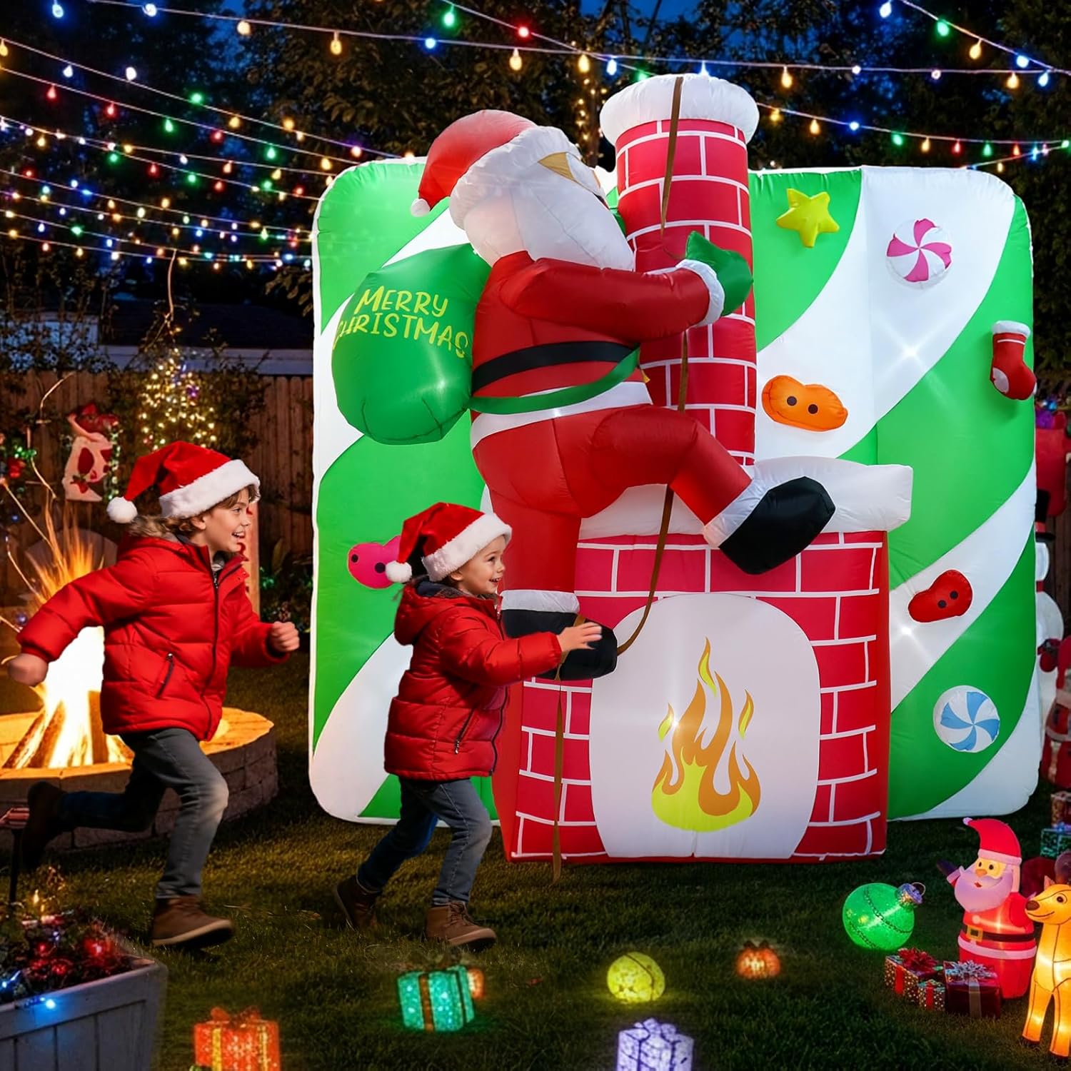 Christmas Santa Claus Inflatables Outdoor, 8Ft Inflatable Santa Claus Climbing The Chimney With Gift Bag, Xmas Blow Up Y