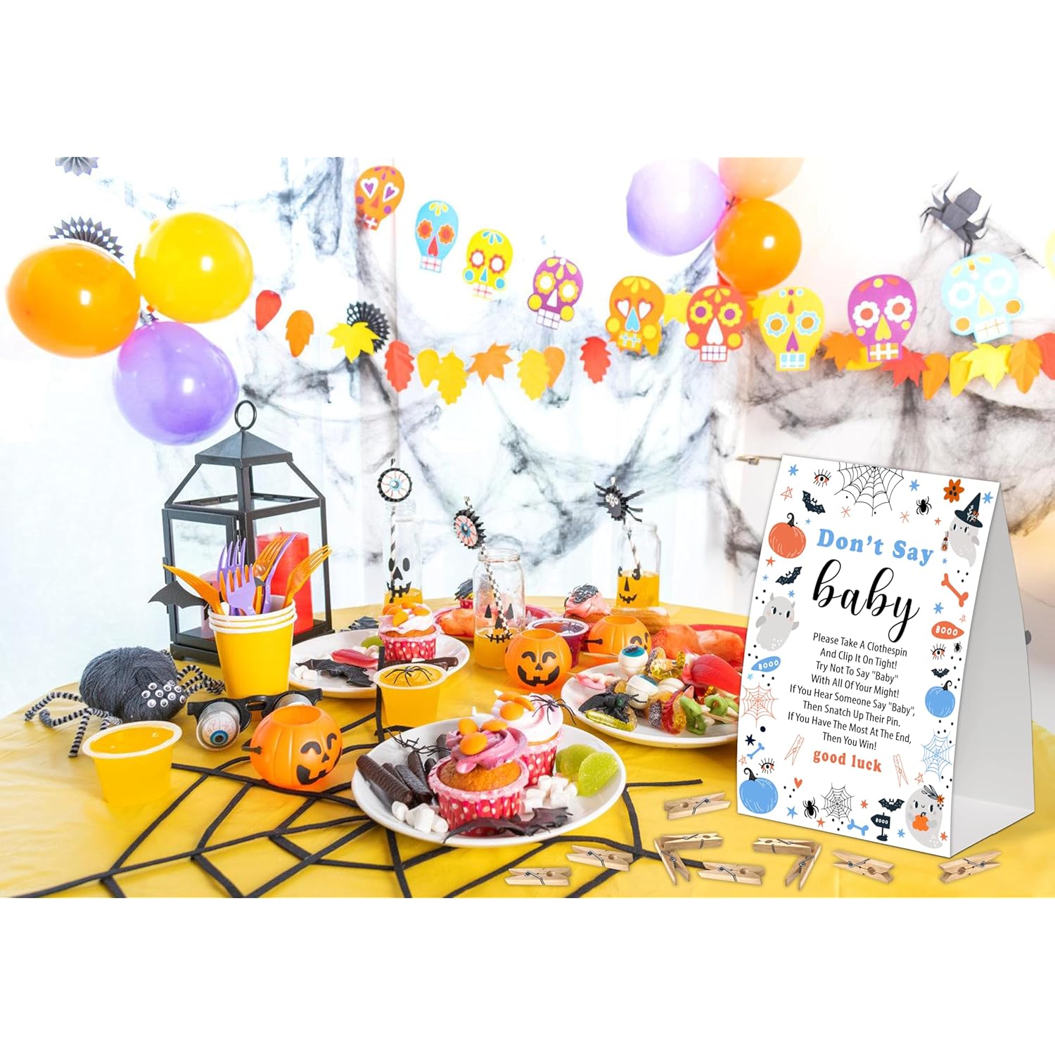 Halloween Don'T Say Baby Game For Baby Shower, Pack Of One 5X7 Sign And 50 Mini Natural Clothespins, Little Boo Baby Shower Decoration, Gender Neutral Party Supplies - Sc40