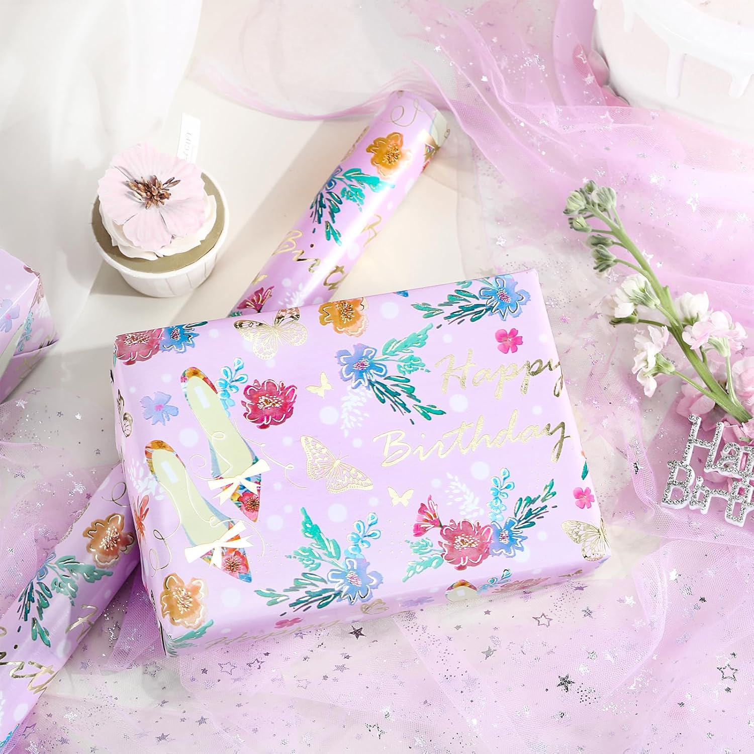 Birthday Floral & High-Heels Wrapping Paper Roll For Girls Women, Happy Birthday Text, Flower, Elegant High-Heeled Shoes, Metallic Foil Gift Wrap, Cut Lines, 17 Inches X 16.4 Feet