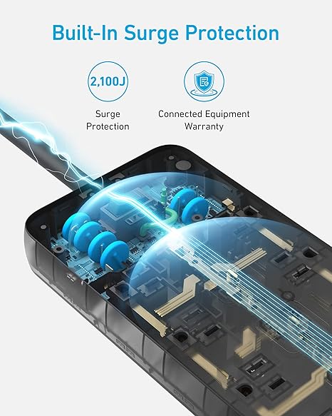 2100J Surge Protector Power Strip with 12 Outlets 20W USB Charging 5FT Extension Cord