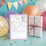 Purple Elephant Prediction And Advice Cards - Pack Of 25 - Girl Boy Baby Shower Games, New Parents, Mom & Dad To Be, Mommy & Daddy Message, Couples Coed Shower Activity Keepsake Book G503-Pdav