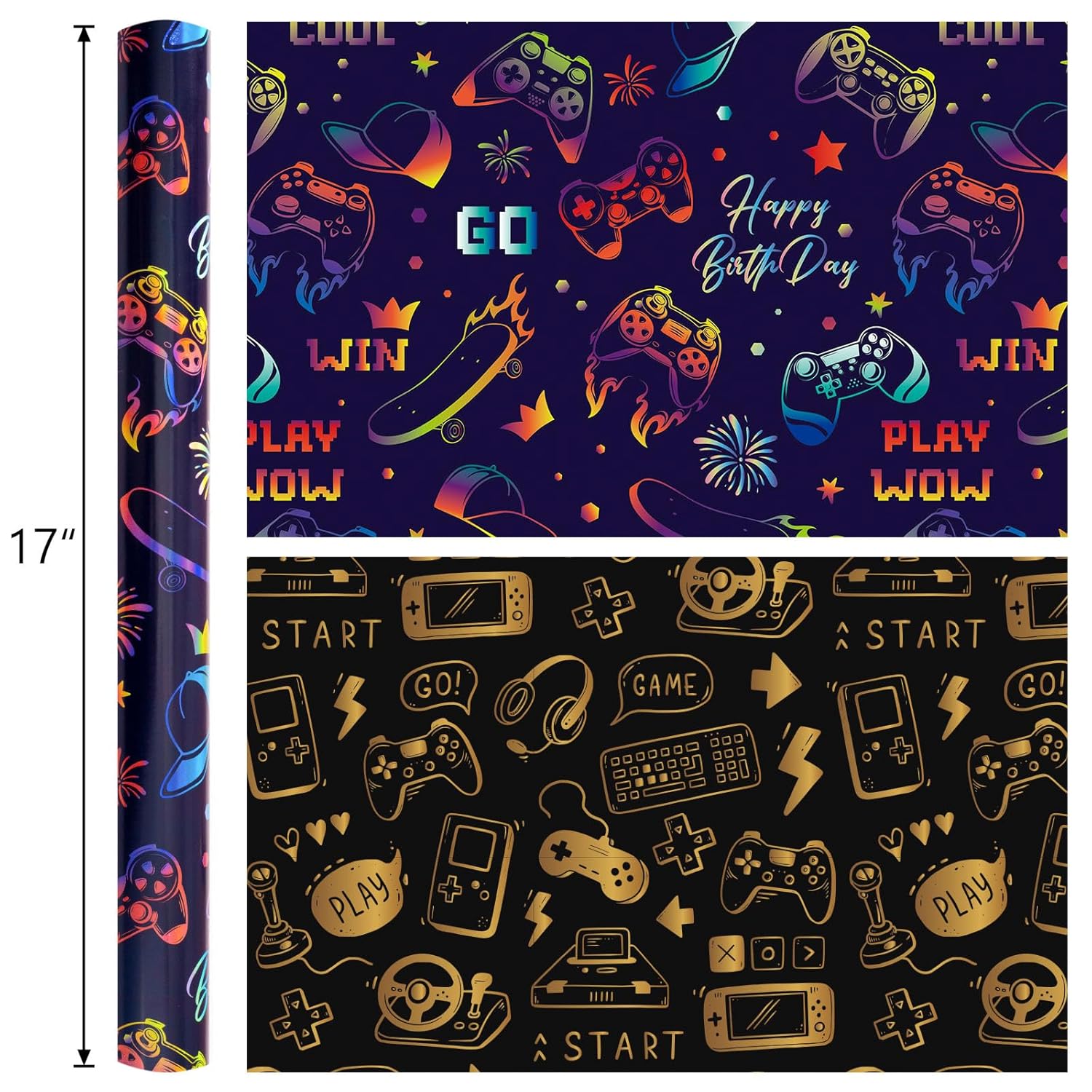 Gaming Wrapping Paper, Blue Birthday Wrapping Paper For Boys, Holographic Video Game Controller Theme Gift Wrap For Boys Men Birthday, Christmas, Father'S Day (Mini Roll, 17 In X 33 Ft)