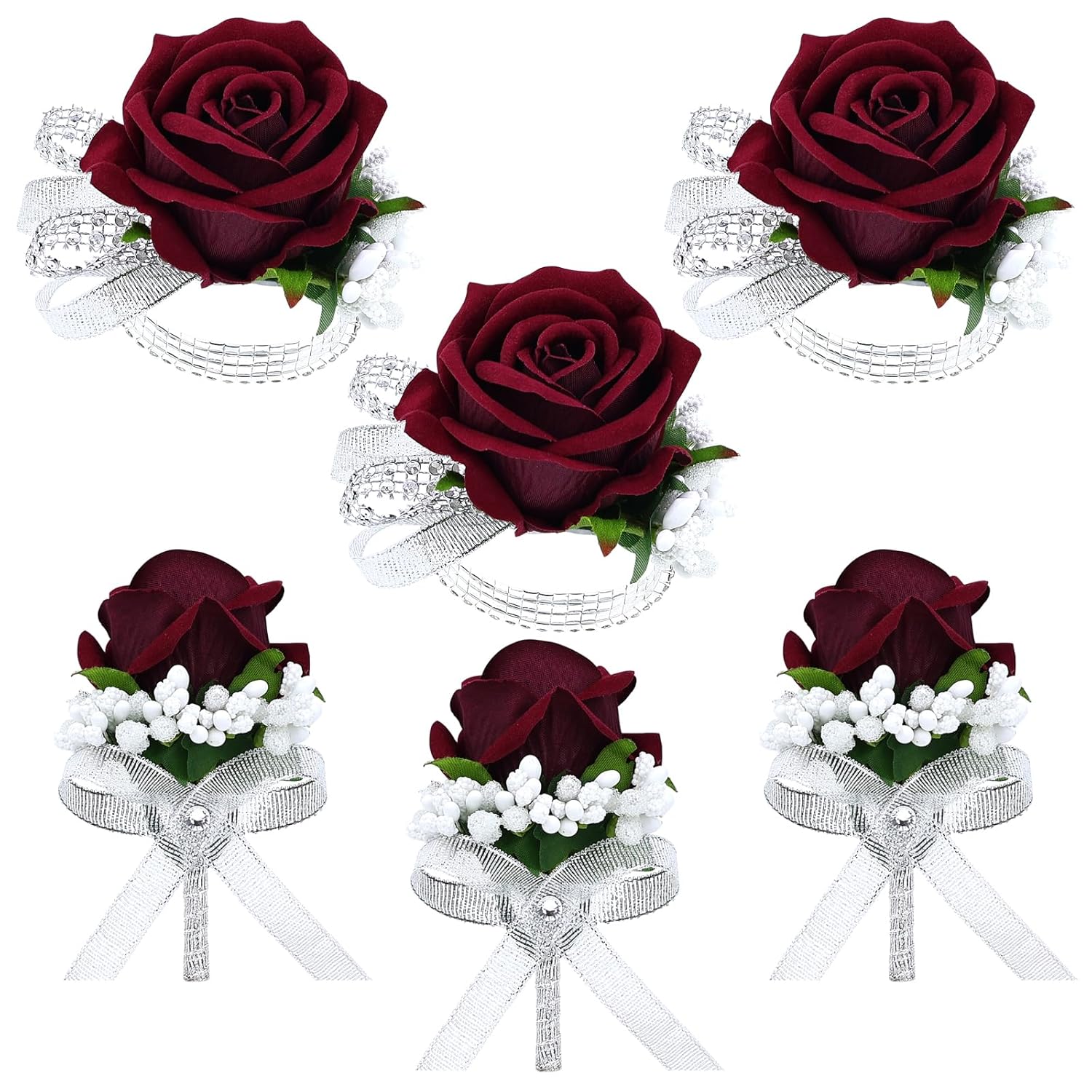 6Pcs Burgundy Corsage And Boutonniere Set, Artificial Rose Wrist Corsage Bracelets Band For Wedding Decorations Prom Party Men Suit Flower Accessories
