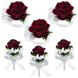 6Pcs Burgundy Corsage And Boutonniere Set, Artificial Rose Wrist Corsage Bracelets Band For Wedding Decorations Prom Party Men Suit Flower Accessories
