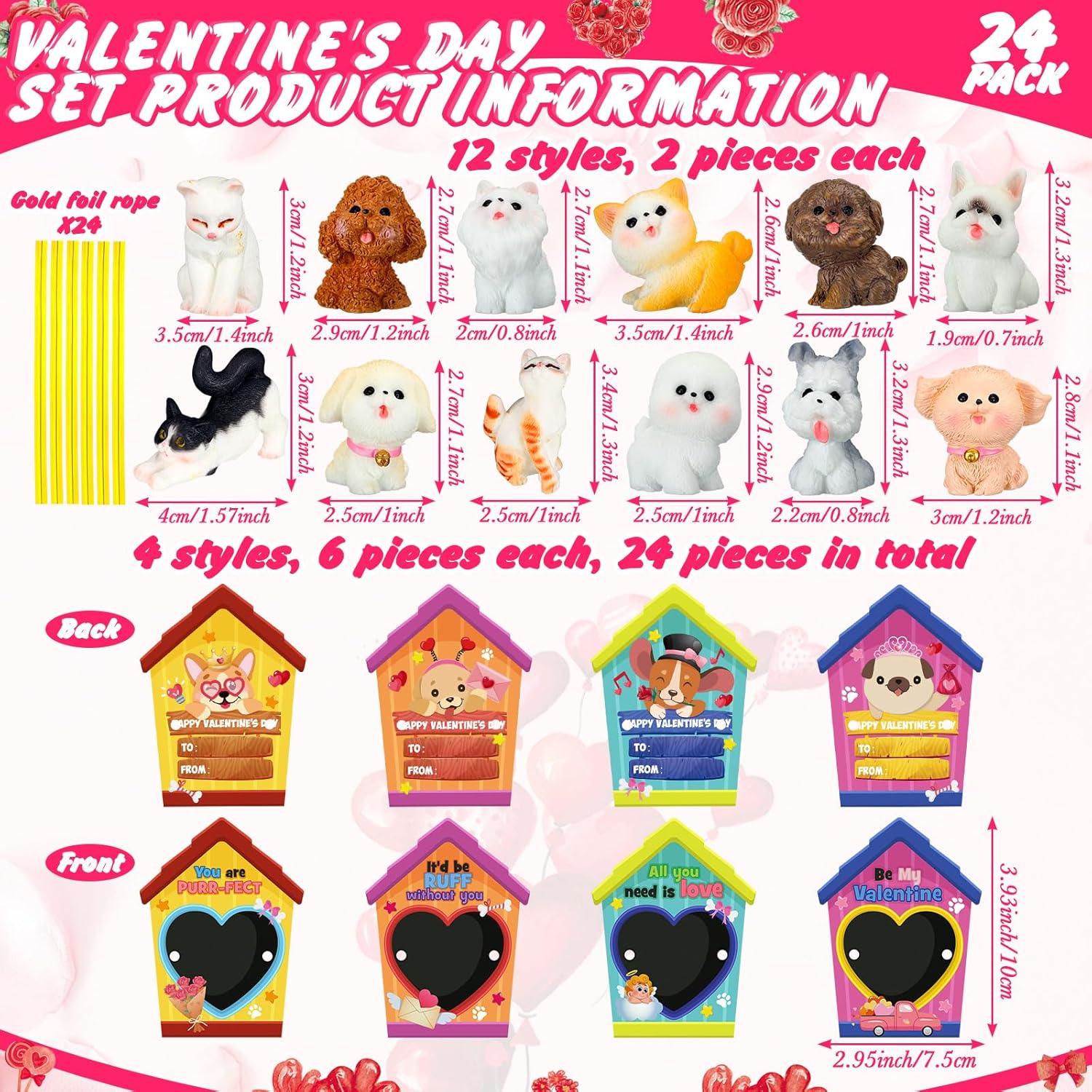 48 Pcs Dog Valentine'S Day Gifts Card And Dog Cat Resin Figurines Miniature Puppy Heart Greeting Card For Valentine Party Favors Exchange Prizes Gifts (Novel)
