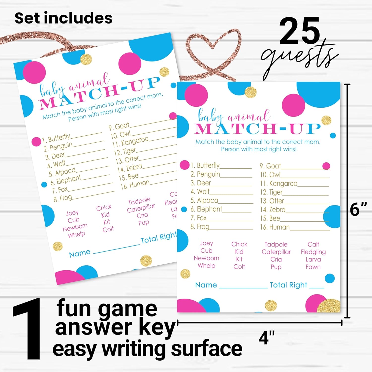 Baby Shower Animal Matching Games - 25 Pack - Fun Guessing Gender Neutral Party Game Cards - Boy Or Girl Favors, Pink And Blue, 4X6