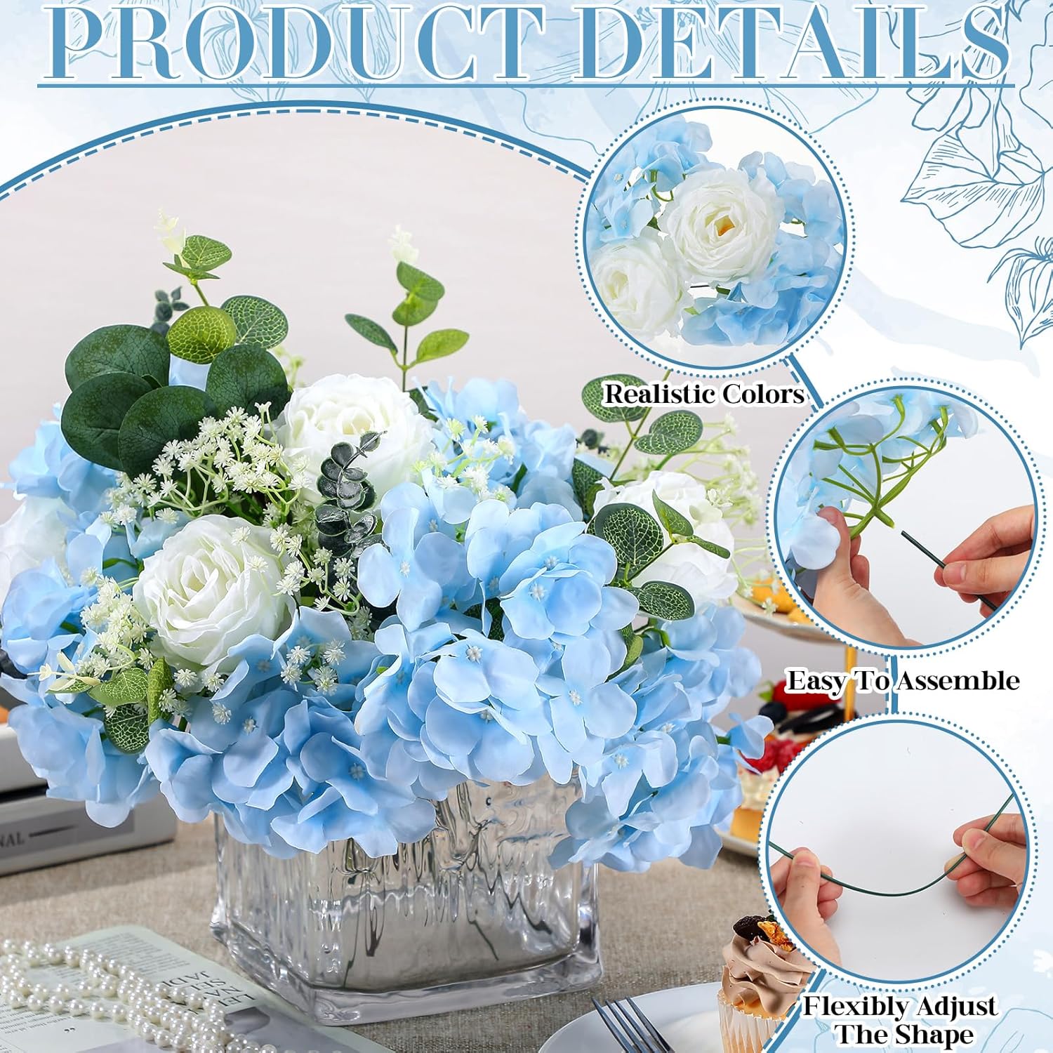 Valentine'S Day 310 Pcs Artificial Rose Bulk Diy Bouquet With Baby'S Breath Bulk Hydrangea Artificial Flowers Wedding Bouquets Floral Arrangement For Wedding Centerpieces Decor(Blue)