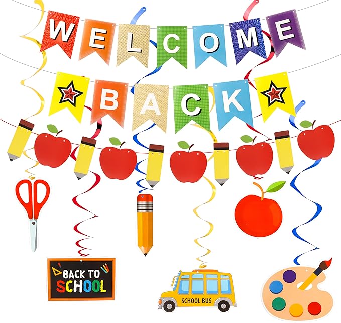 Back To School Decorations First Day Of School Bannner Apple Pencil Garland And Hanging Swirls Welcome Back To School Decor Supplies For School Party Favors