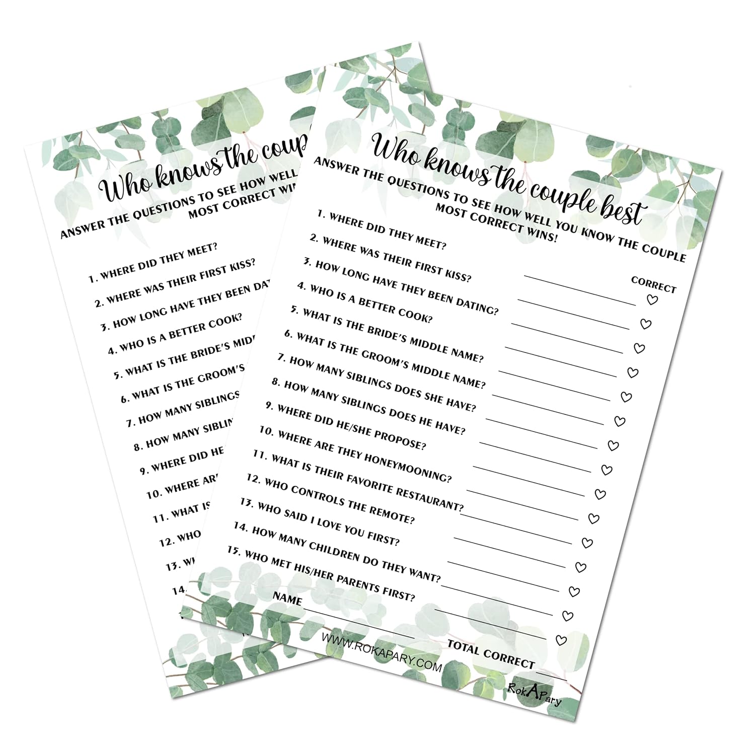Eucalyptus Who Knows The Couple Best, Wedding, Bridal Shower, Bachelorette Or Engagement Party Game, Couples Guessing Play Pack Of 50 Cards 5”X7” Made In Usa