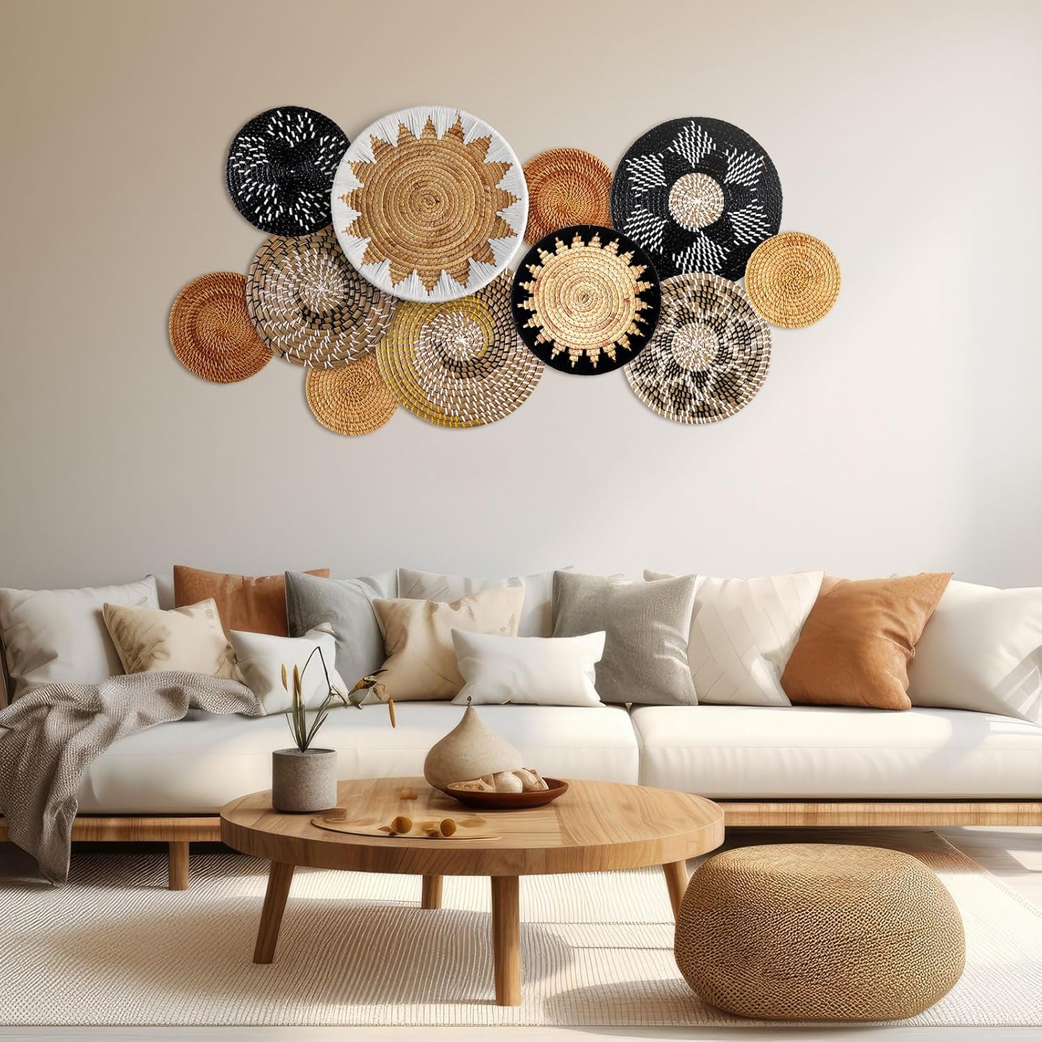 11 Pcs Boho Hanging Wall Basket Decor Handmade Woven Basket Wall Decorative Boho Wicker Baskets Placemats Round Farmhouse Bulrush Art For Rustic Home Decorations Christmas Gift(Stylish)