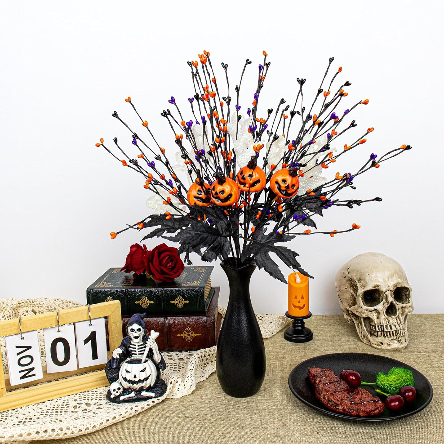 12 Pcs Spooky Halloween Flowers Artificial 17 Inches Orange Black Floral Stems Gothic Halloween Pumpkin Stems With Ghost Floral Picks For Vase Floral Arrangements Table Centerpieces Decorations