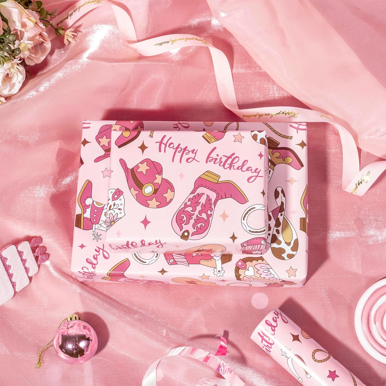 Pink Cowgirl Birthday Wrapping Paper Roll, Festive Western Design, Greetings, For Girl'S Birthday Party, Gift Wrap, Diy Crafts, 17 Inches X 16.5 Feet (23.2 Sq.Ft.)