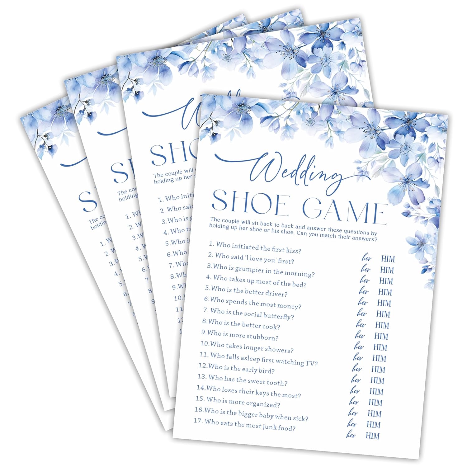 Wedding Shoe Game Bridal Shower Games - Blue Floral - 30 Pcs Double-Sided Fill-In Wedding Game Cards For Newlyweds, Engagement Party Activities & Decorations -A03