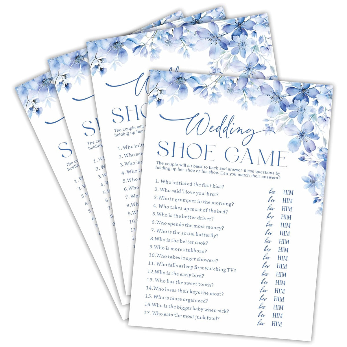 Wedding Shoe Game Bridal Shower Games - Blue Floral - 30 Pcs Double-Sided Fill-In Wedding Game Cards For Newlyweds, Engagement Party Activities & Decorations -A03