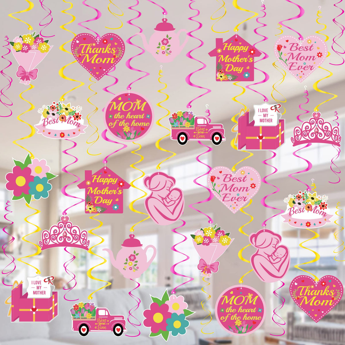Mother's Day Decorations Hanging Swirls - 36Pcs Happy Mother’s Day Hanging Decorations- Best Mom Ever Ceiling Hanging Foil Swirls for Mother's Day Party Decor, Mother’s Birthday Party Supplies