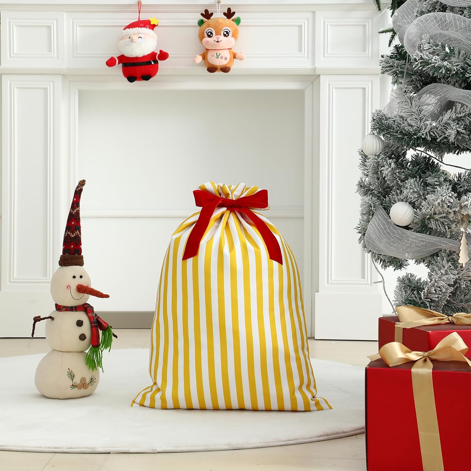 Santa Sack Christmas Gift Bag 19.7 X 27.6 Inch Large Canvas Christmas Santa Claus Bag For Xmas Party Supplies Favors (White-Yellow Stripes)
