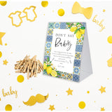 Don'T Say Baby Game For Baby Shower, 50 Wooden Clothespins And One Sign, Positano Blue Tiles Lemon Mediterranean Theme, Pins For Baby Shower Decorations, Gender Reveal Games Baby Shower Supplies-Bb32