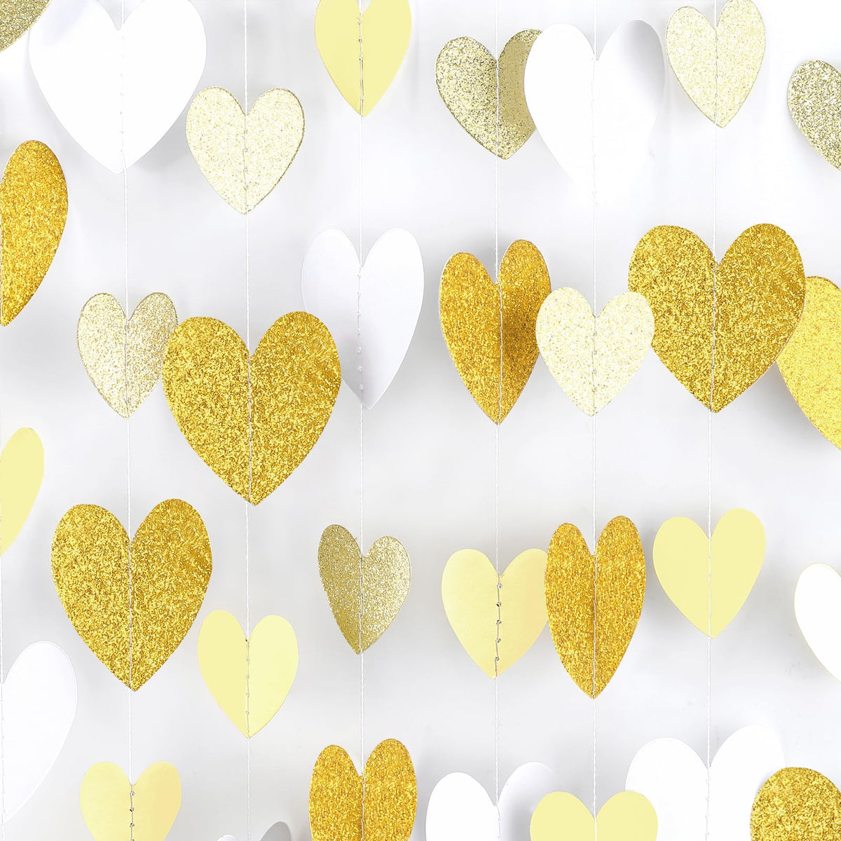 Gold-White Heart-Garland Streamers Engagement-Birthday Party-Decorations - 52Ft Glitter Champagne Hanging Banner Decor Wedding Congratulations Bachelorette Bridal Baby Shower