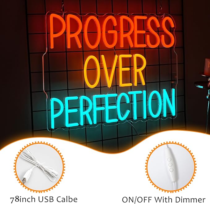 Progress Over Perfection Neon Sign USB Dimmable LED Wall Light for Office Gym Classroom Bedroom Decor