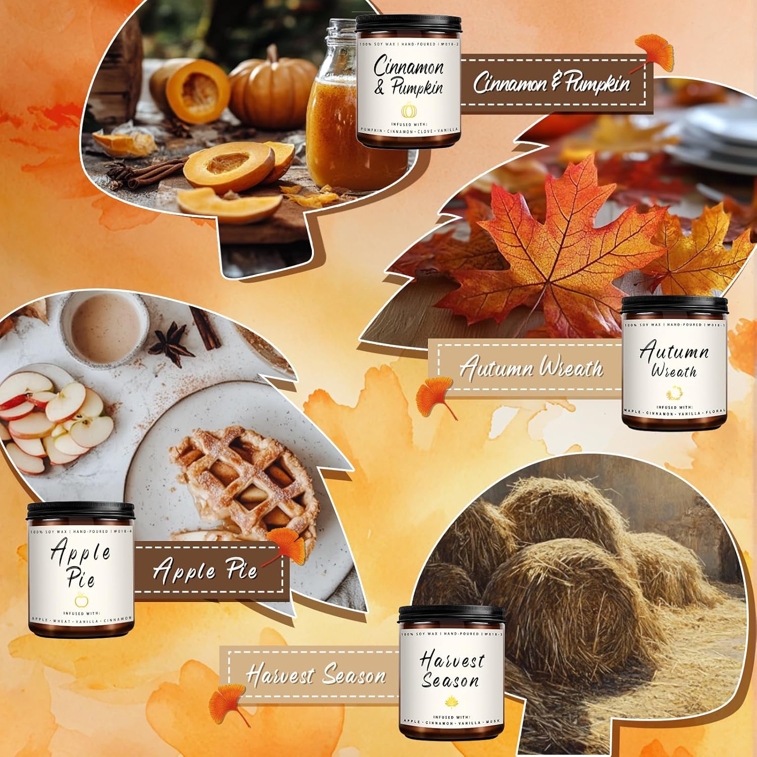 Fall Candle Set | 4 Pack Scented Candles For Home - Candle Gifts For Women Men, Soy Candles Home Scented | Autumn Fragrance Of - Apple Pie/Cinnamon/Harvest/Wreath