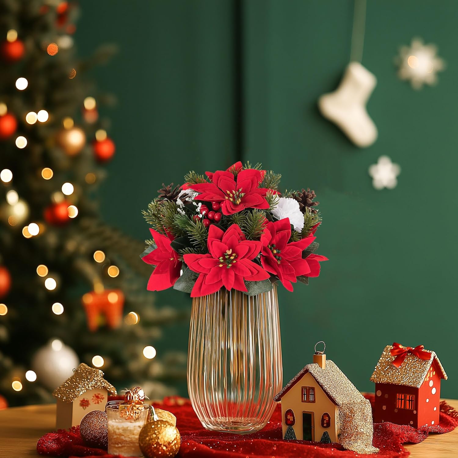 Poinsettias Artificial Christmas Flowers: 2 Pcs Red Fake Floral Ball Centerpieces For Tables Decorations Silk Faux Poinsettia Winter Holiday Flower Arrangement Xmas Plant Ornaments Decor