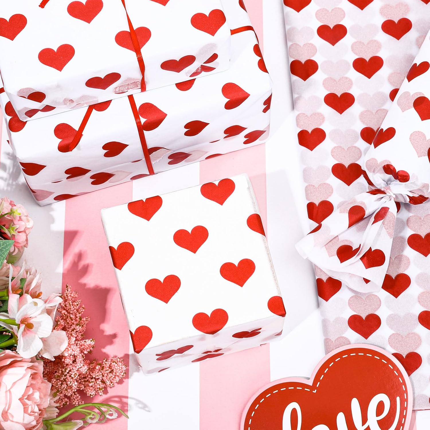 60 Sheets Valentine Heart Tissue Paper Foil Red Love Heart Gift Wrapping Paper For Diy Art Craft Wedding Anniversary Party Decor, 13.8 X 19.7 Inch