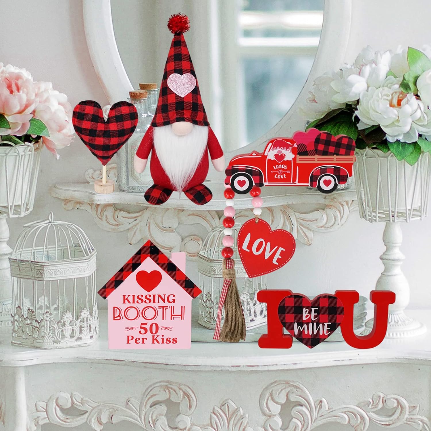 Valentines Day Decor, 6Pcs Valentines Gnome Tiered Tray Decoration Set, Buffalo Plaid Valentine Gnome Plush, 3 Valentine Wooden Signs, Valentine Bead Garland, Farmhouse Valentine Kitchech Decor