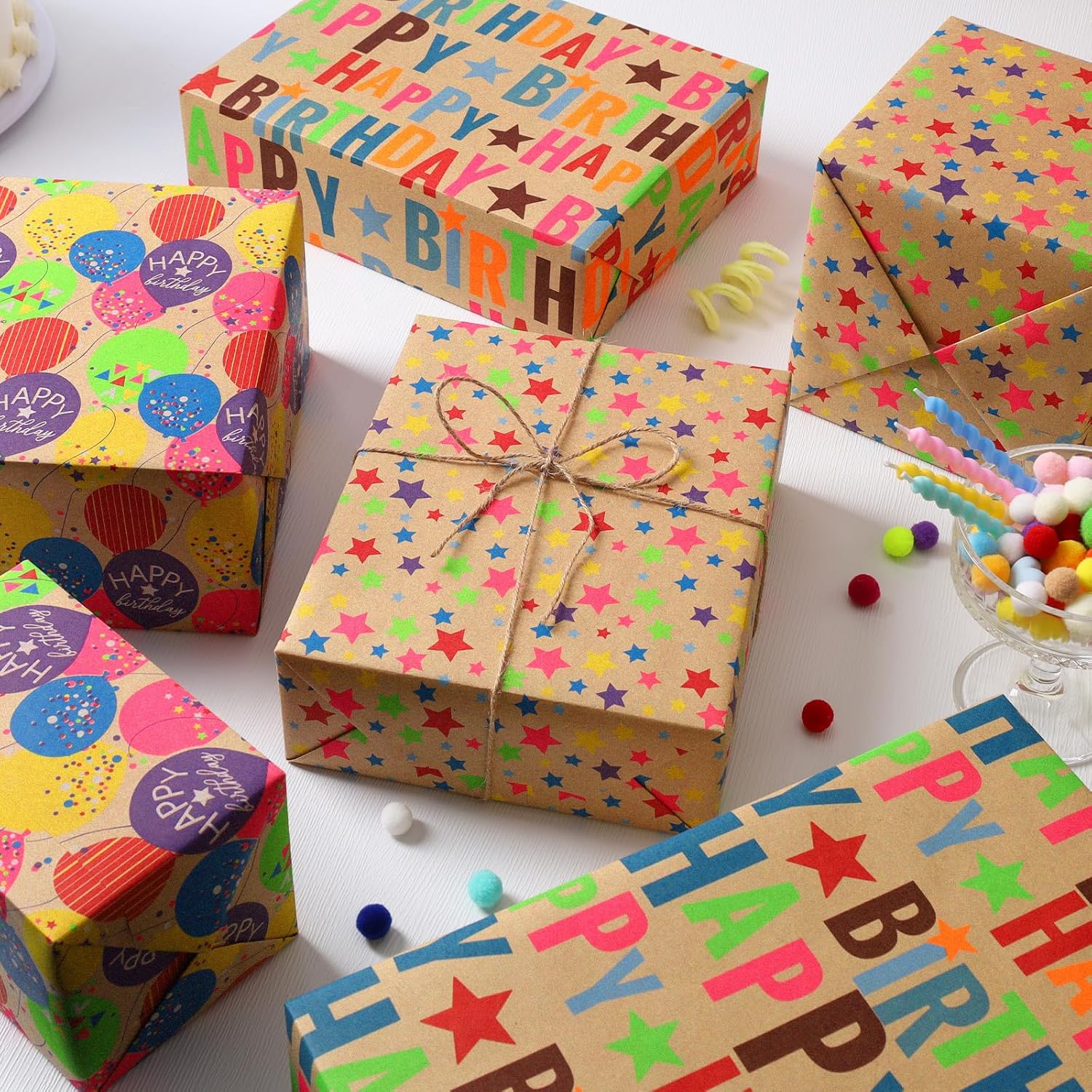 Kraft Birthday Wrapping Paper - 30 Inch X 10 Feet (3 Rolls: 75 Sq. Ft. Ttl.) - Balloons & Star Design Perfect For Birthday, Party, Baby Shower, Christmas, Gift Wrap