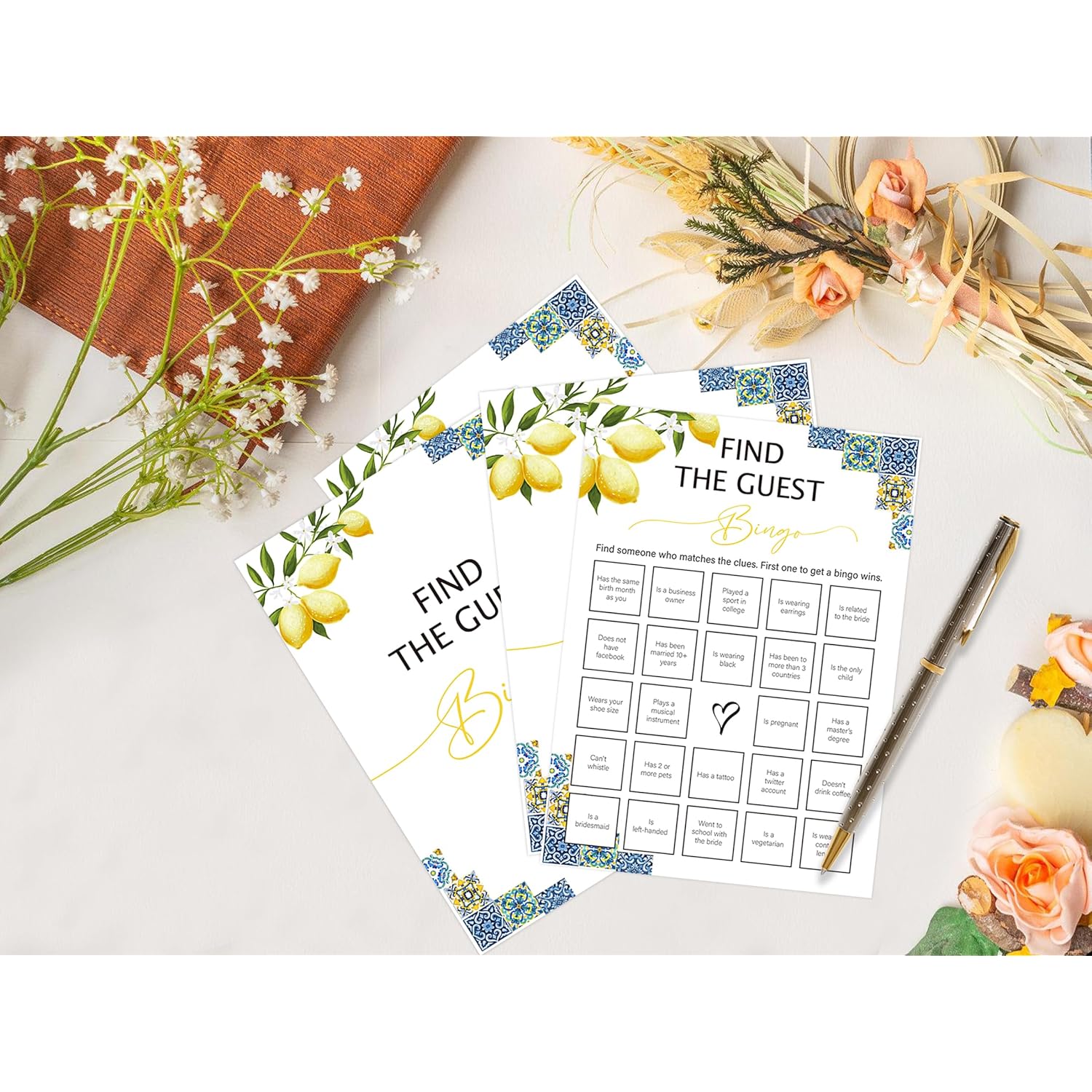 Blue Tiles And Lemons Find The Guest Bingo Game For 30 Guests With Game Cards, Lemons Bridal Shower Games, Modern Bridal Shower Decorations, Wedding Shower Or Bachelorette Party Supplies - 02