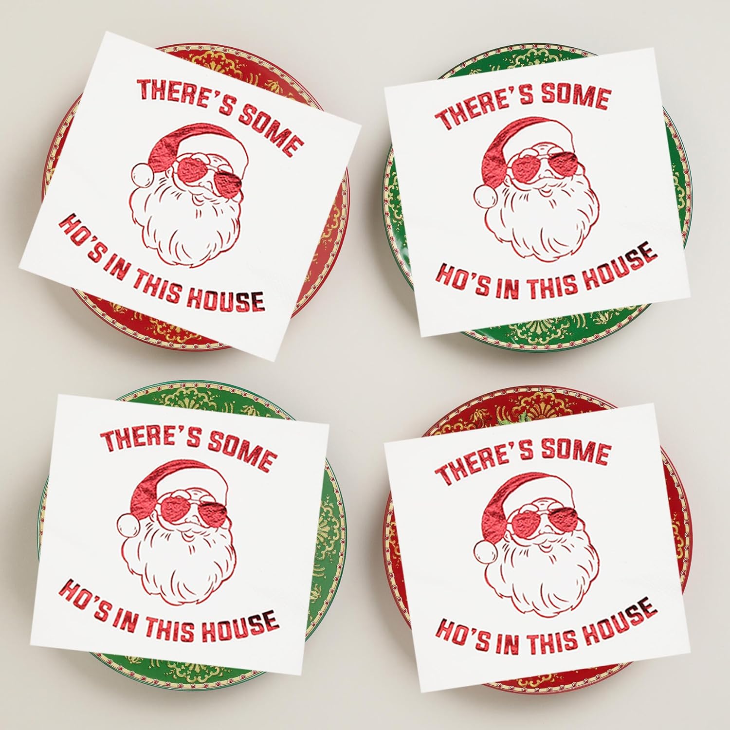 There’S Some Hos In This House Napkins, Funny Christmas Party Decorations, Christmas Xmas Holiday Party Decorations, Christmas Friendsmas Birthday Party Supplies(5 X 5 In, Red Foil, 50-Pack)