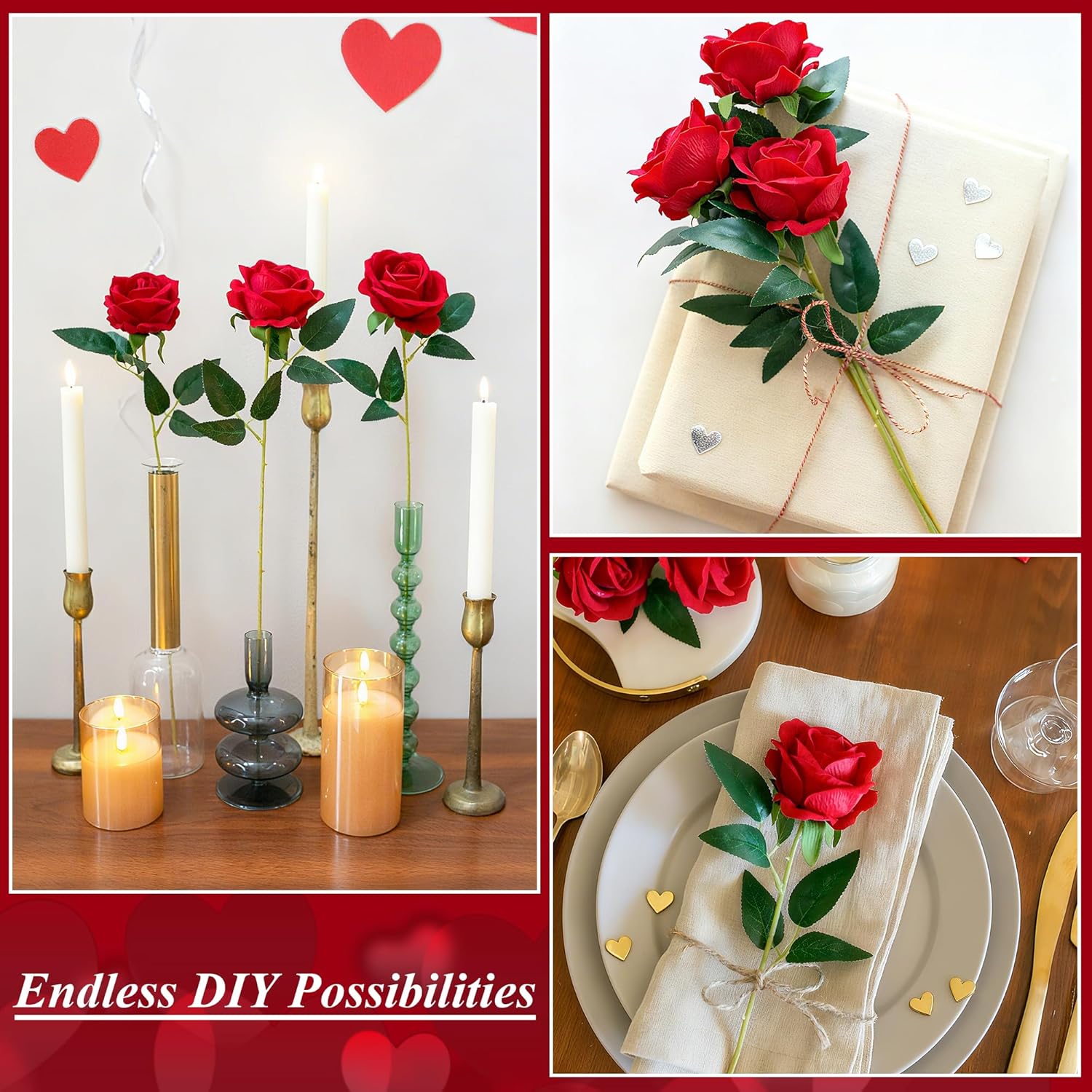 50 Pcs Red Roses Artificial Flowers, Fake Roses With Stems Realistic Silk Roses For Diy Wedding Bouquets Tables Centerpieces Arrangements Party Baby Shower Birthday Home Decor Gift For Her